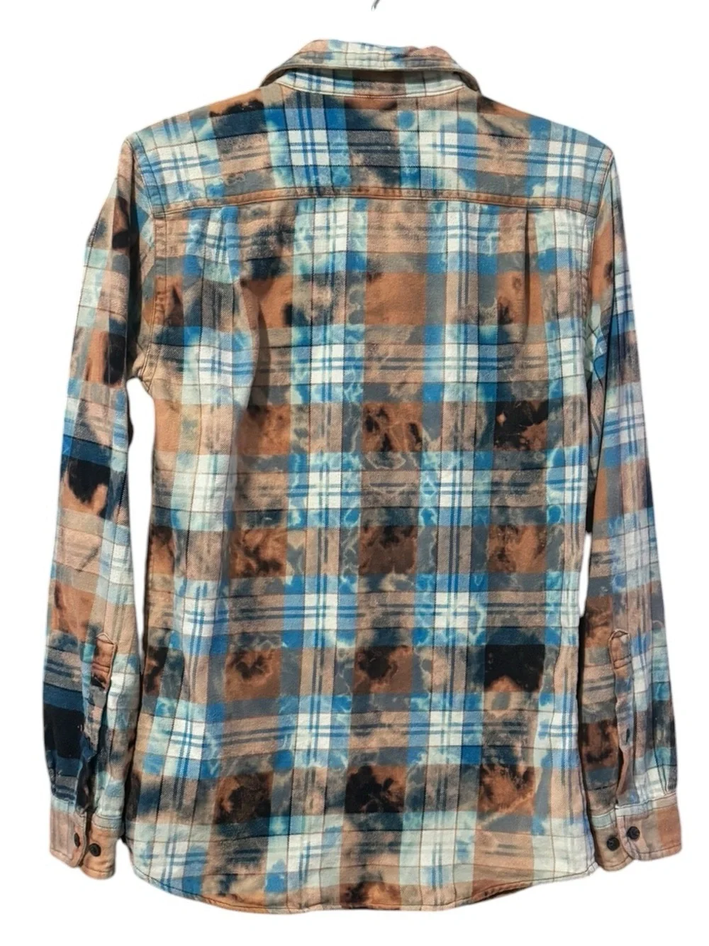 Upcycled Bleach Dyed Flannel Shirt XS 18.5” P2P Blue/Peach NWOT